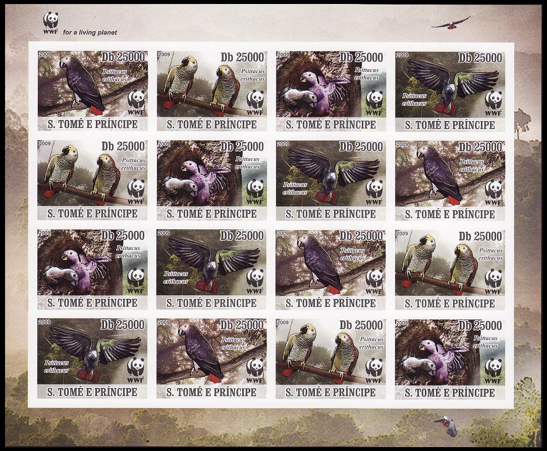 Sao Tome and Principe Birds WWF Grey Parrot Imperf Sheetlet of 4 sets 2009 MNH MI#3777B-3780B