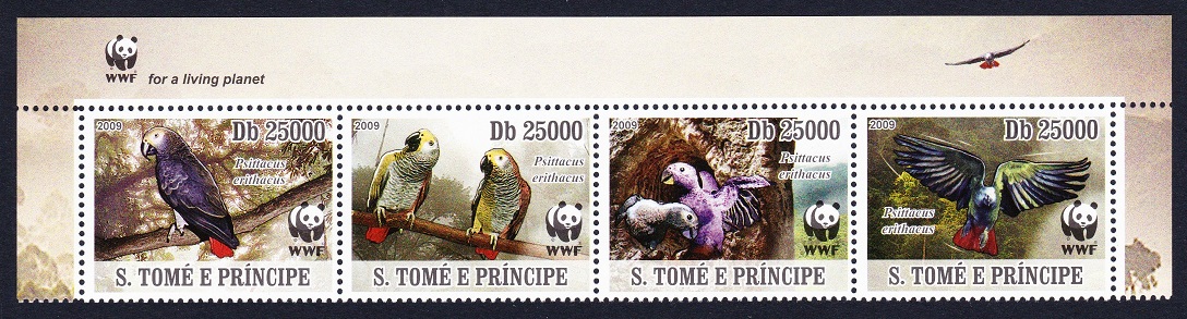 Sao Tome and Principe Birds WWF Grey Parrot Top Strip of 4v WWF Logo 2009 MNH MI#3777-3780