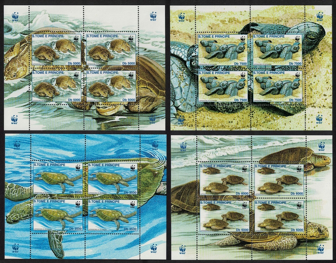 Sao Tome and Principe Olive Ridley Turtle 4 MSs 2001 MNH MI#1899-1902 Sc#1401-1404