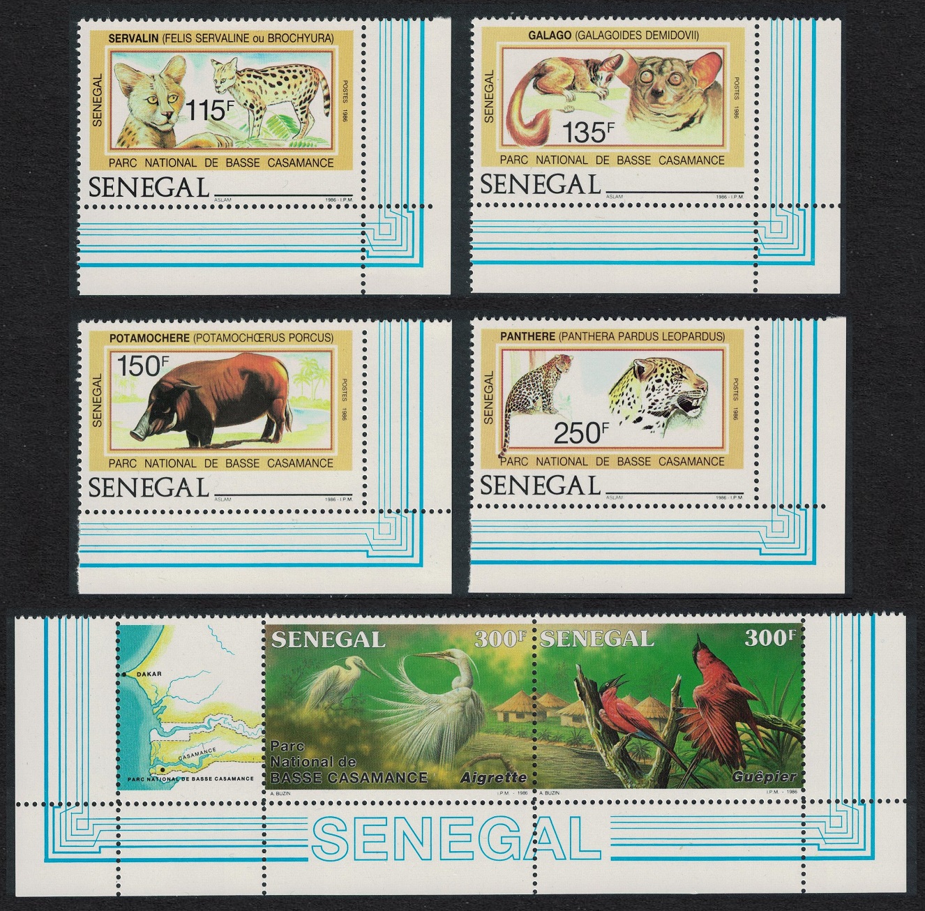 Senegal Wild Animals Birds 4v+strip of 2 Corners 1987 MNH SG#910-915 MI#938-943 Sc#741-746a