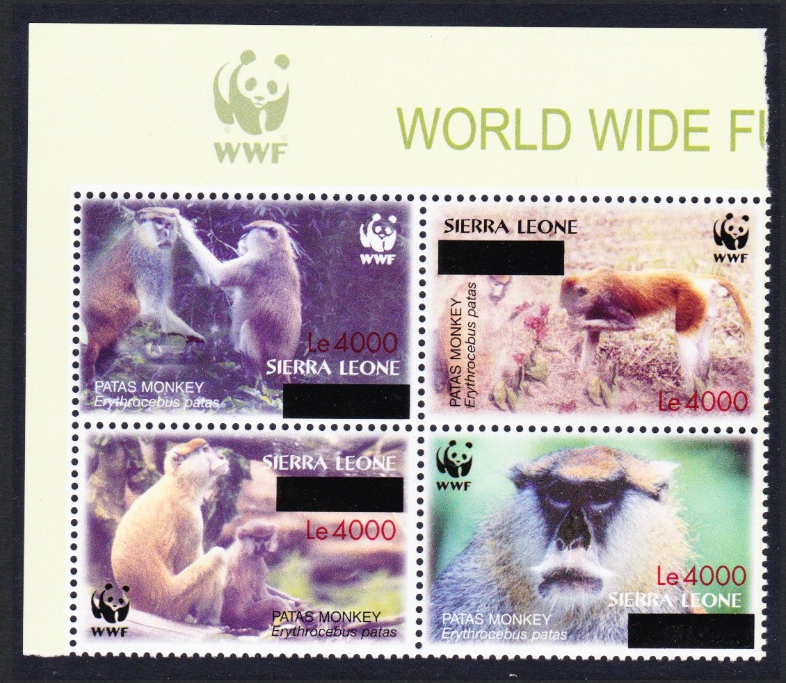 Sierra Leone WWF Patas Monkey overprint Block of 4 WWF Logo 2008 MNH SG#4589-4592 MI#5071-5074