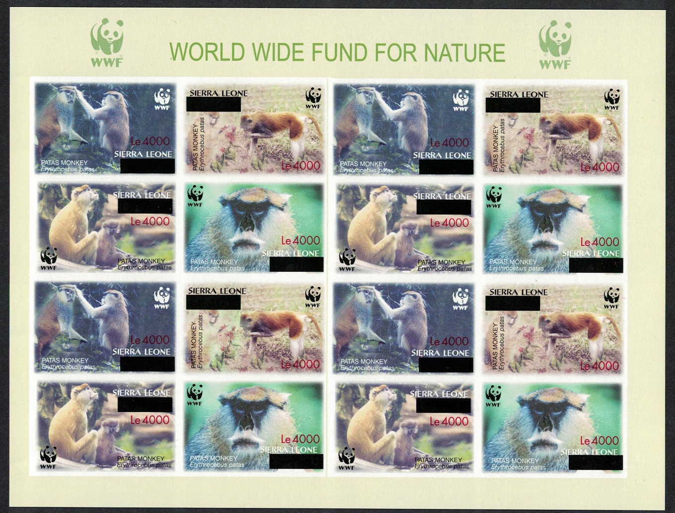 Sierra Leone WWF Patas Monkey IMPERF Sheetlet of 4 sets overprint RARR 2008 MNH SG#4589-4592 MI#5071-5074