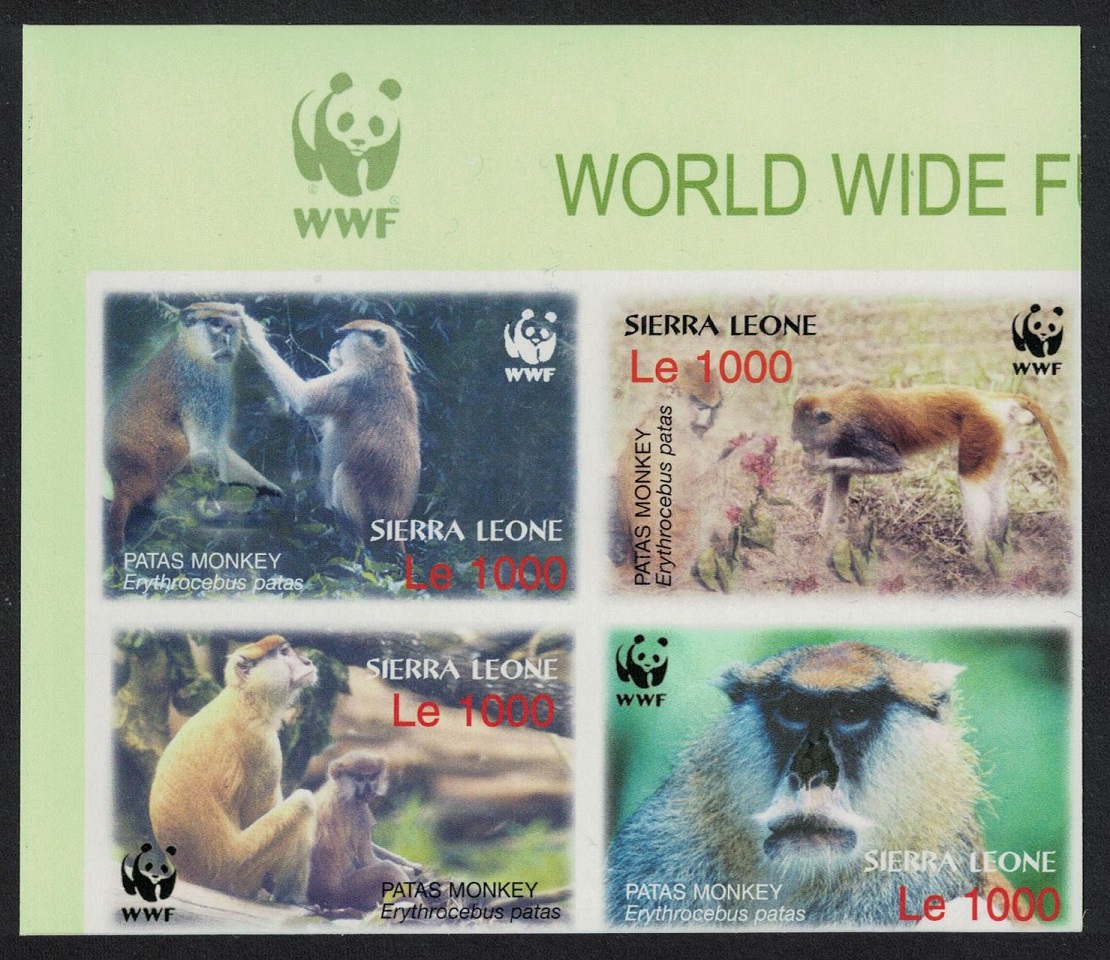 Sierra Leone WWF Patas Monkey 4 Imperf Block of 4 LOGO 2004 MNH SG#4290-4293 MI#4694-4697 Sc#2752 a-d