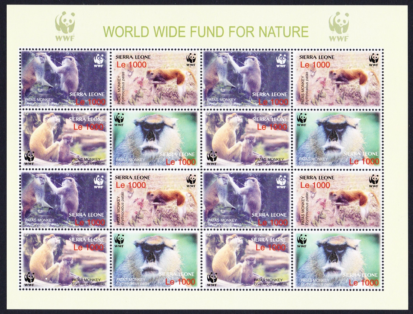 Sierra Leone WWF Patas Monkey Sheetlet of 4 sets 2004 MNH SG#4290-4293 MI#4694-4697 Sc#2752 a-d