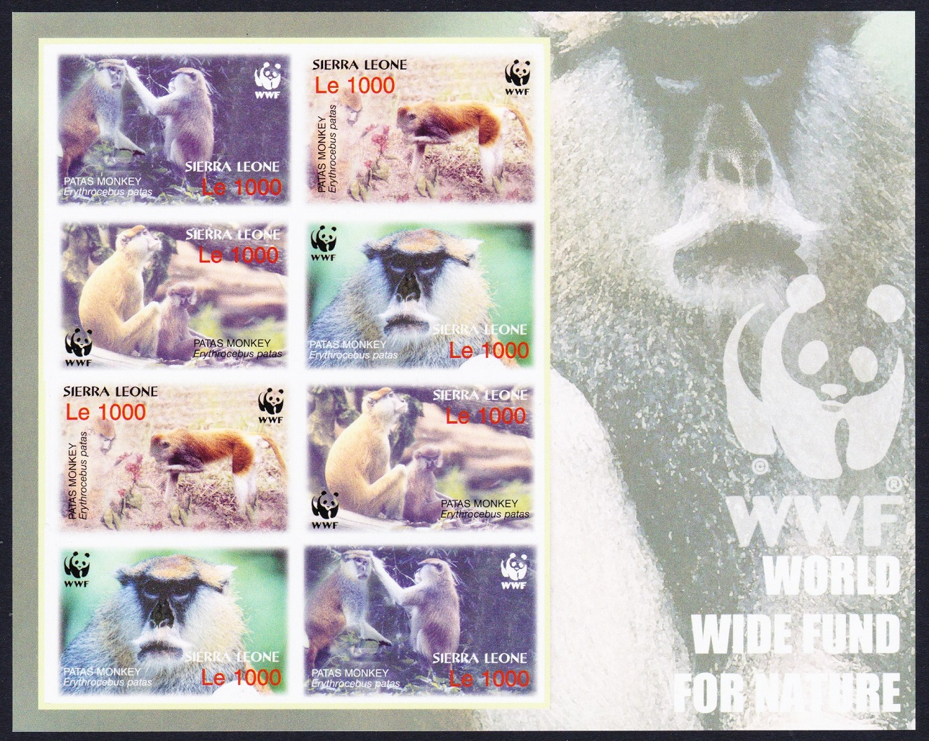 Sierra Leone WWF Patas Monkey Imperf Sheetlet of 2 sets 2004 MNH SG#4290-4293 MI#4694-4697 Sc#2752 a-d