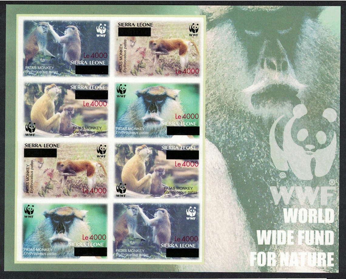 Sierra Leone WWF Patas Monkey Imperf Sheetlet of 2 sets OVERPRINT RARR 2004 MNH SG#4589-4592