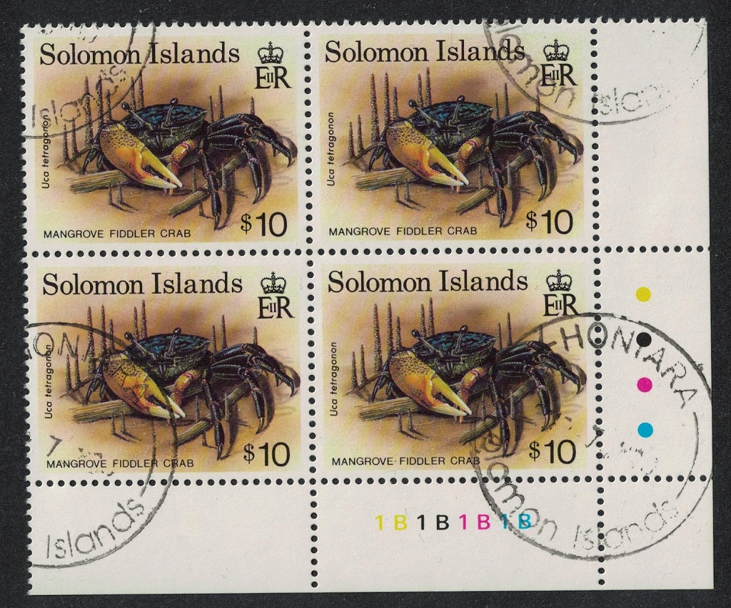 Solomon Islands Mangrove fiddler crab $10 Corner Block of 4 KEY VALUE 1993 CTO SG#766