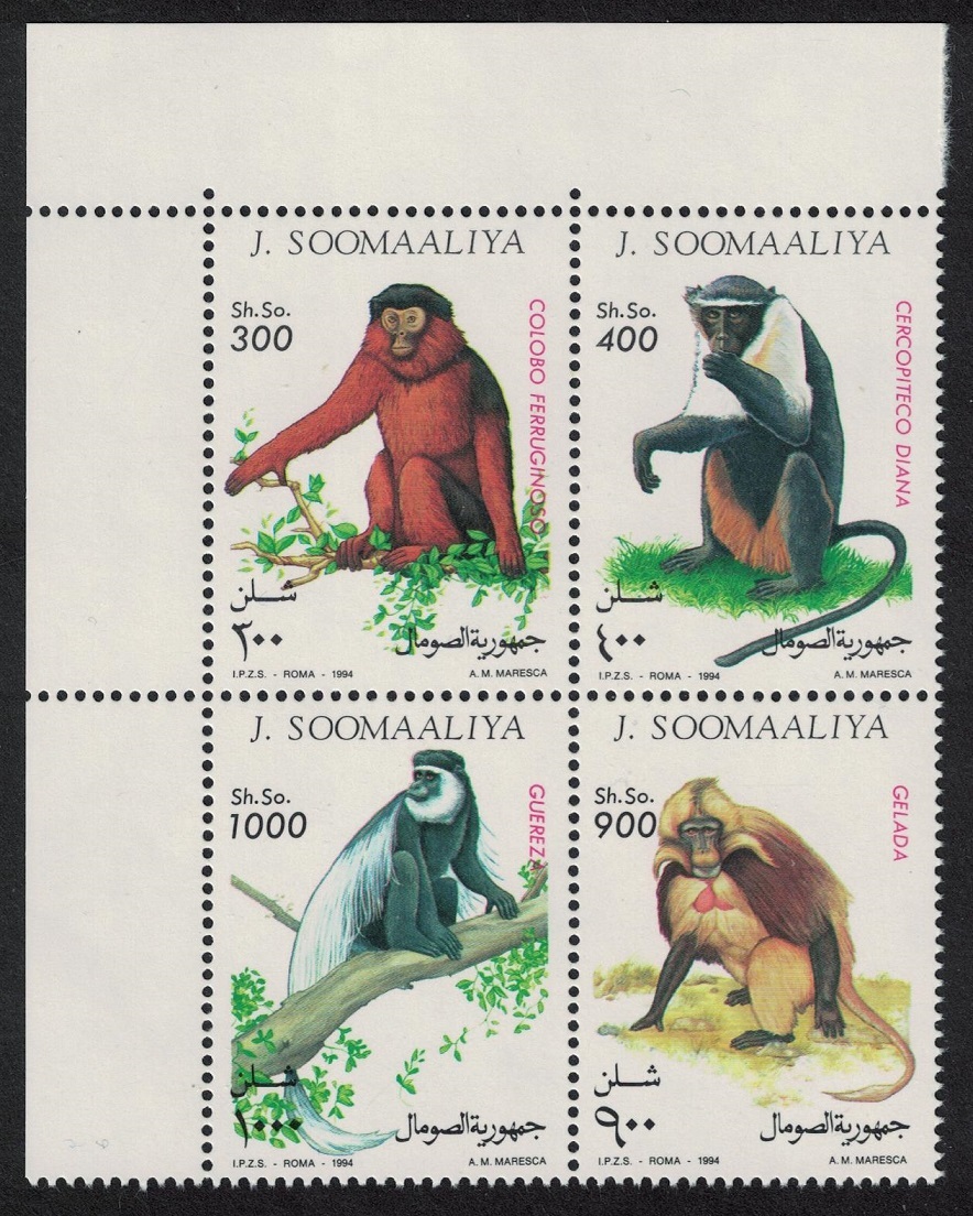 Somalia Monkeys 4v Corner Block 1994 MNH MI#520-523