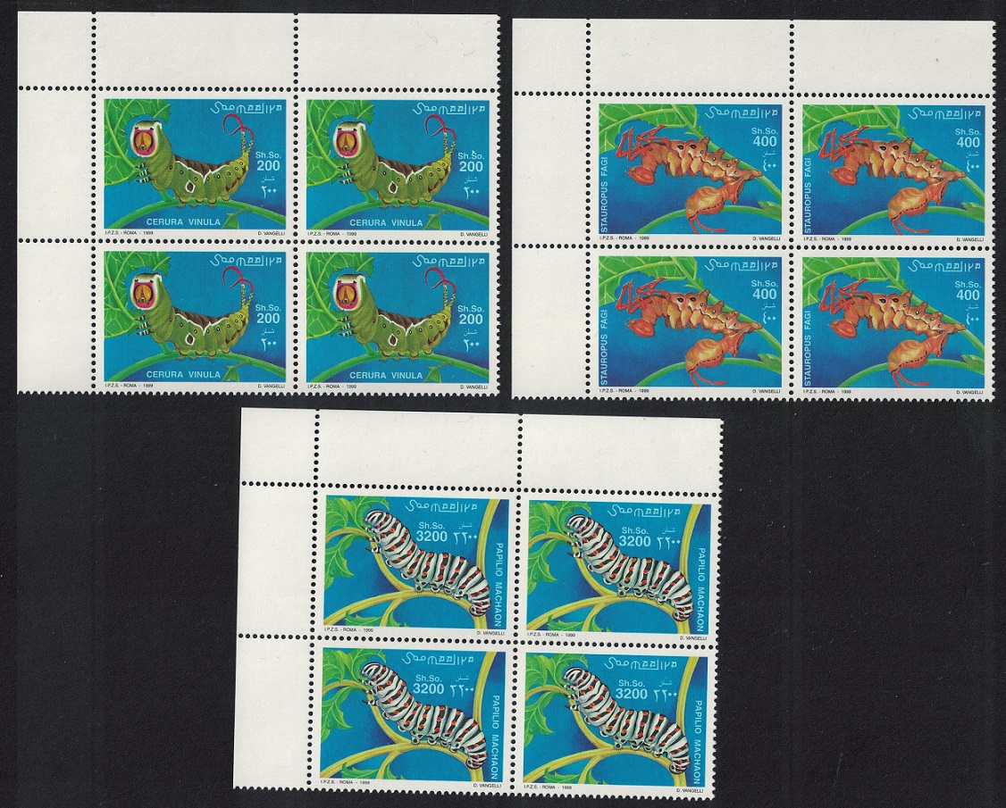 Somalia Caterpillars 3v Corner Blocks of 4 1999 MNH MI#754-756