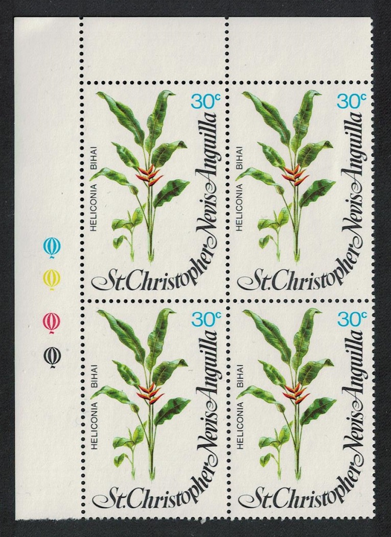 Saint Christopher Nevis and Anguilla Flowers Heliconia bihai 30c Corner Block of 4 1979 MNH SG#418