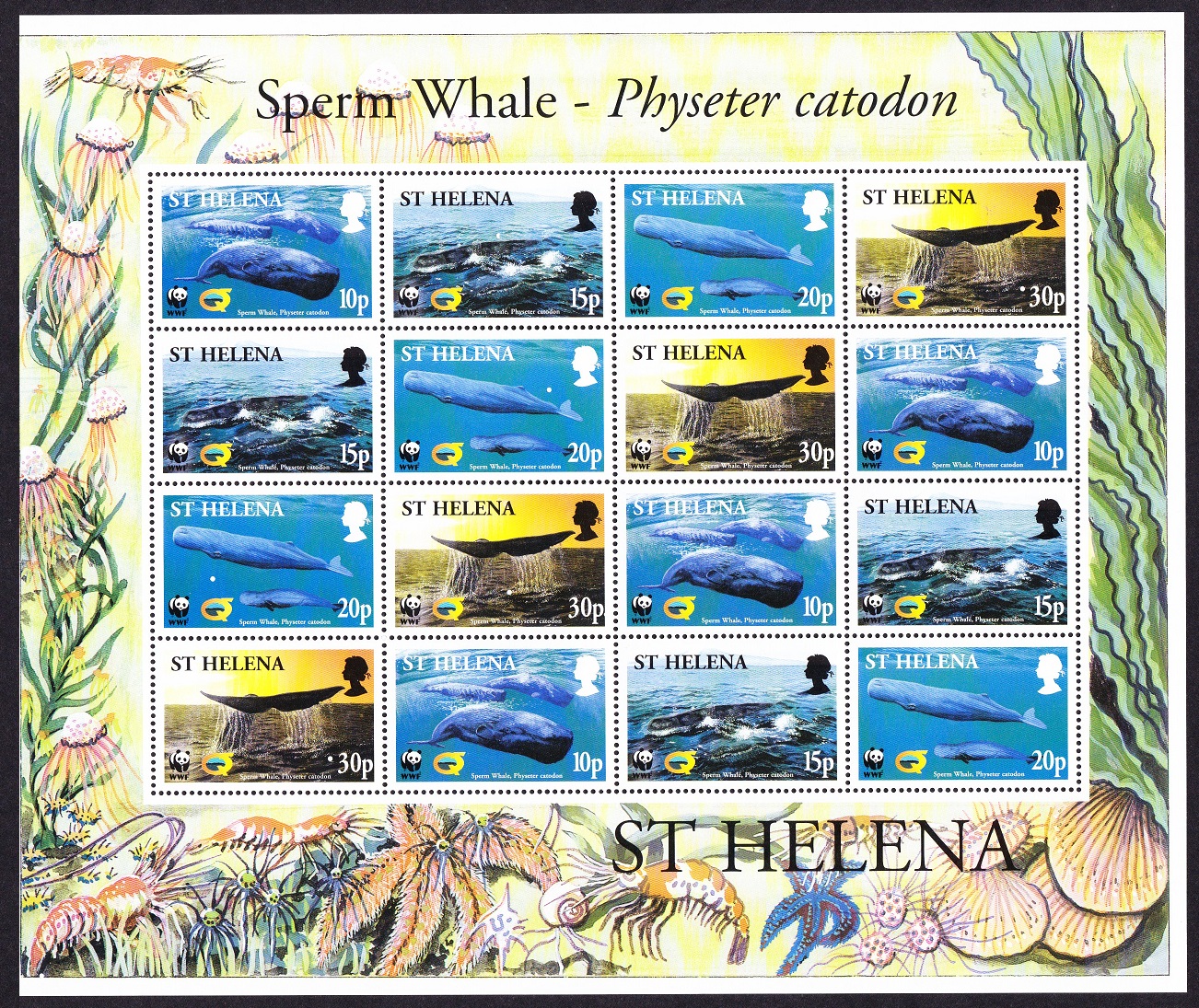 Saint Helena WWF Sperm Whale Sheetlet of 4 sets 2002 MNH SG#872-875 MI#852-855 Sc#813-816