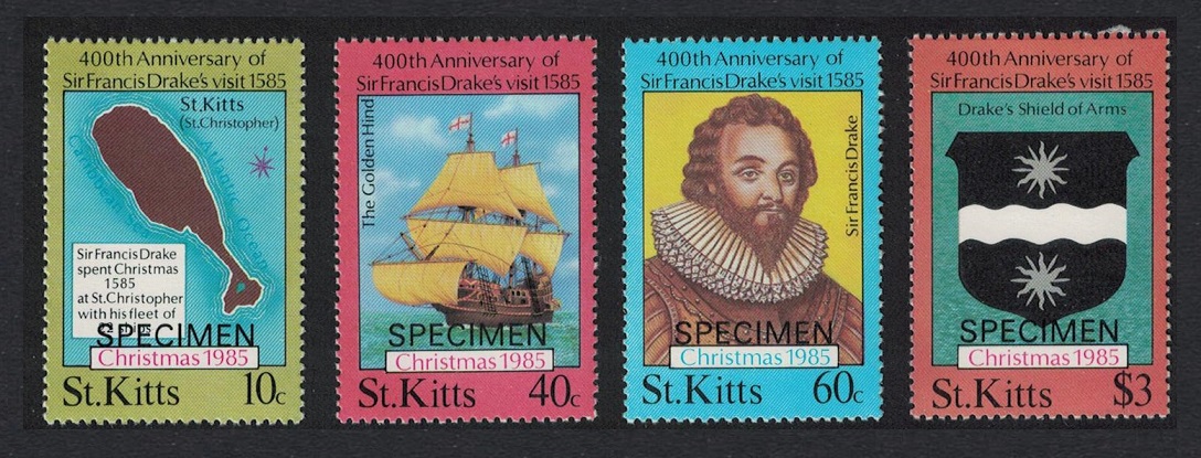 Saint Kitts Christmas Sir Francis Drake&#39;s Visit 4v Specimen 1985 MNH SG#181-184