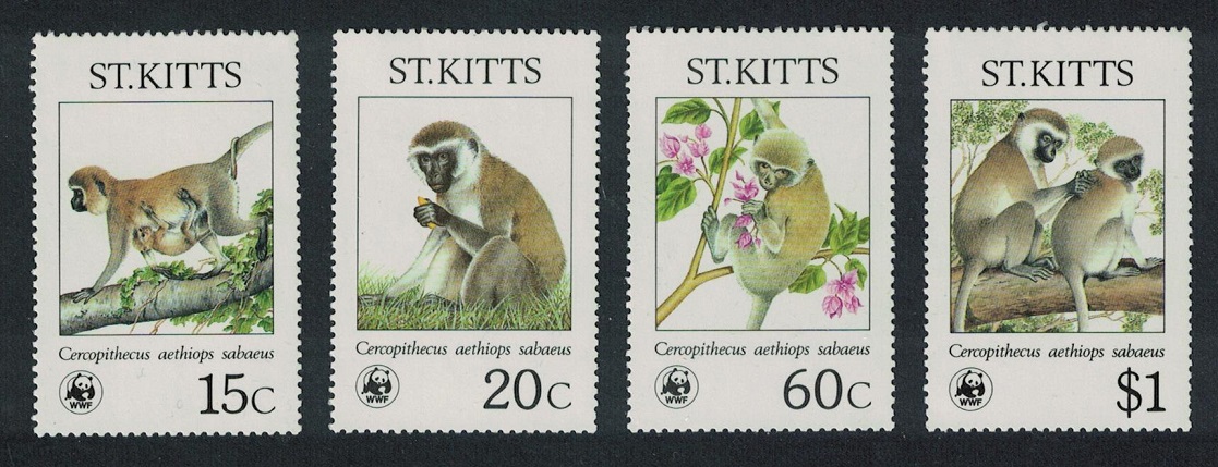 Saint Kitts WWF Endangered Species Green Monkey 4v 1986 MNH SG#211-214 MI#184-187 Sc#189-192