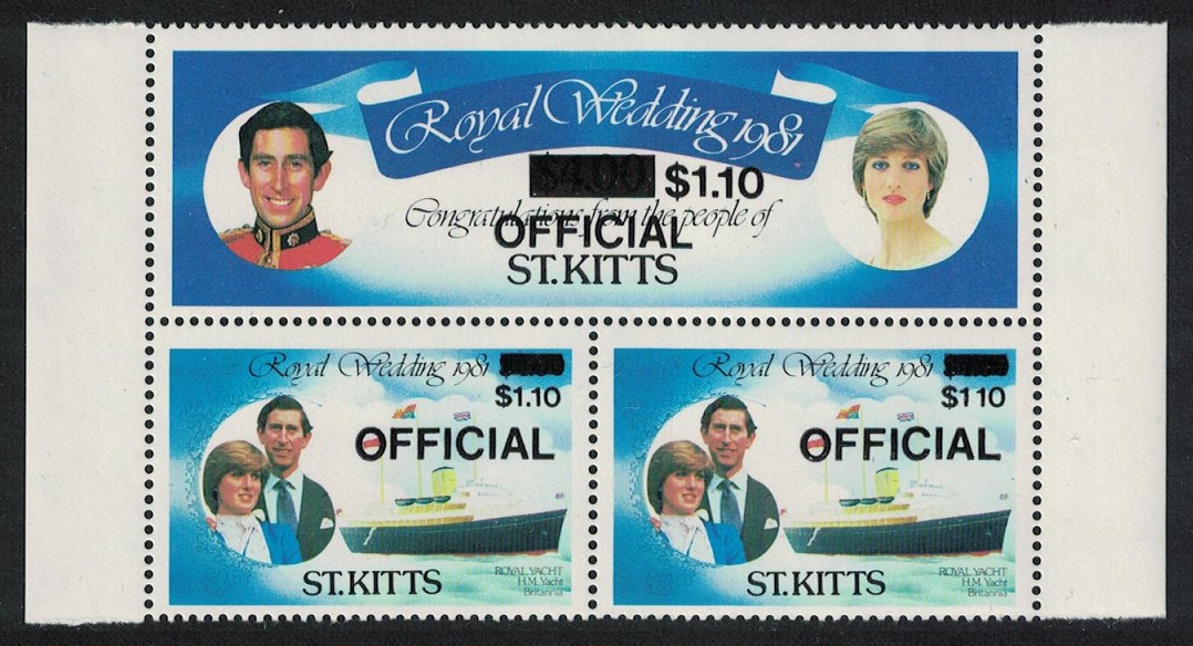 Saint Kitts Black Optd OFFICIAL Missing stop in $110 - Block of 3 RARR 1983 MNH SG#O27-O28