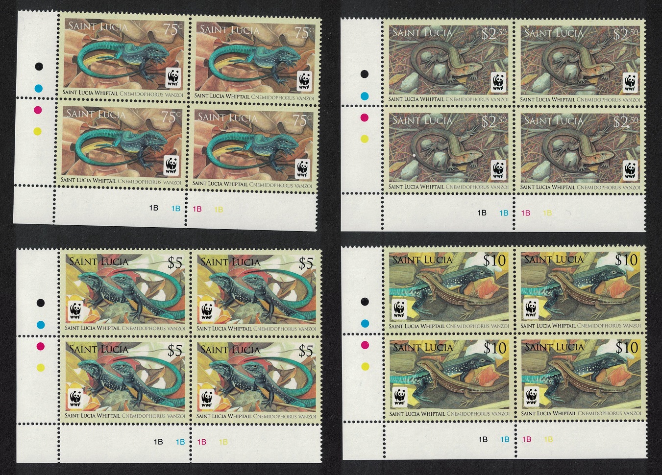 Saint Lucia WWF Whiptail 4 Corner Blocks of 4 2008 MNH SG#1370-1373 MI#1275-1278 Sc#1251-1254