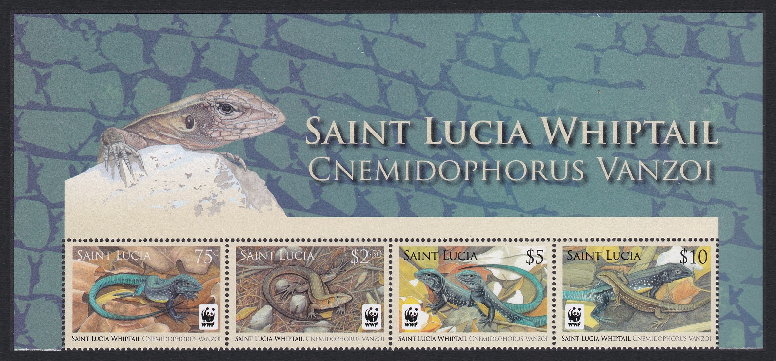 Saint Lucia WWF Whiptail Top Strip of 4v WWF Logo 2008 MNH SG#1370-1373 MI#1275-1278 Sc#1251-1254