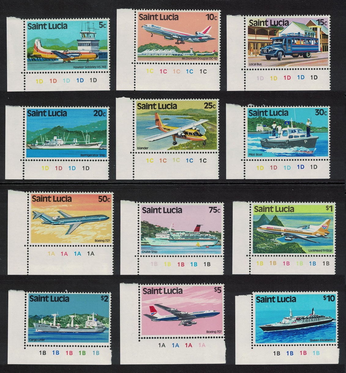 Saint Lucia Transport Aircraft Ships Cars 12v Corners 1980 MNH SG#537-548 MI#502-513