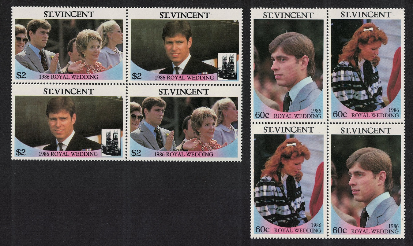 Saint Vincent Royal Wedding Prince Andrew 4v Blocks of 4 1986 MNH SG#1009-1012 Sc#958-959