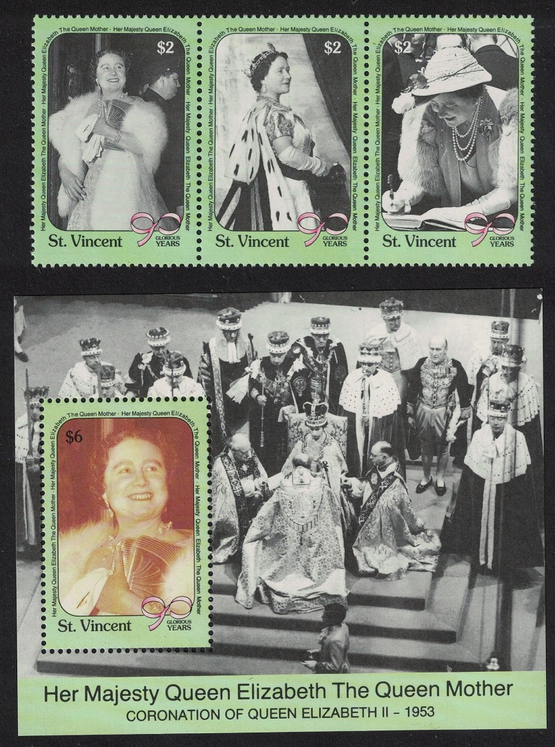 Saint Vincent Queen Elizabeth the Queen Mother 3v+MS 1990 MNH SG#1536-MS1539