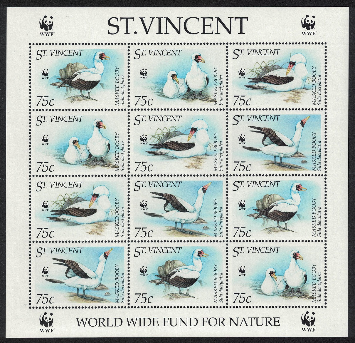 Saint Vincent Birds WWF Masked Booby Sheetlet of 3 sets 1995 MNH SG#2882-2885 MI#3073-3076 Sc#2156 a-d