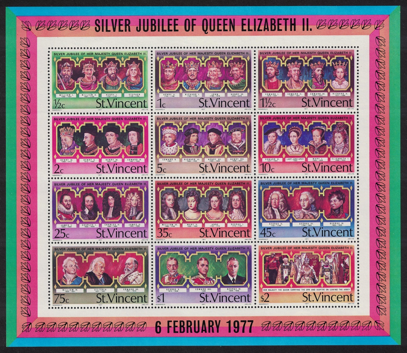 Saint Vincent British Monarchs Silver Jubilee MS 1977 MNH SG#MS514