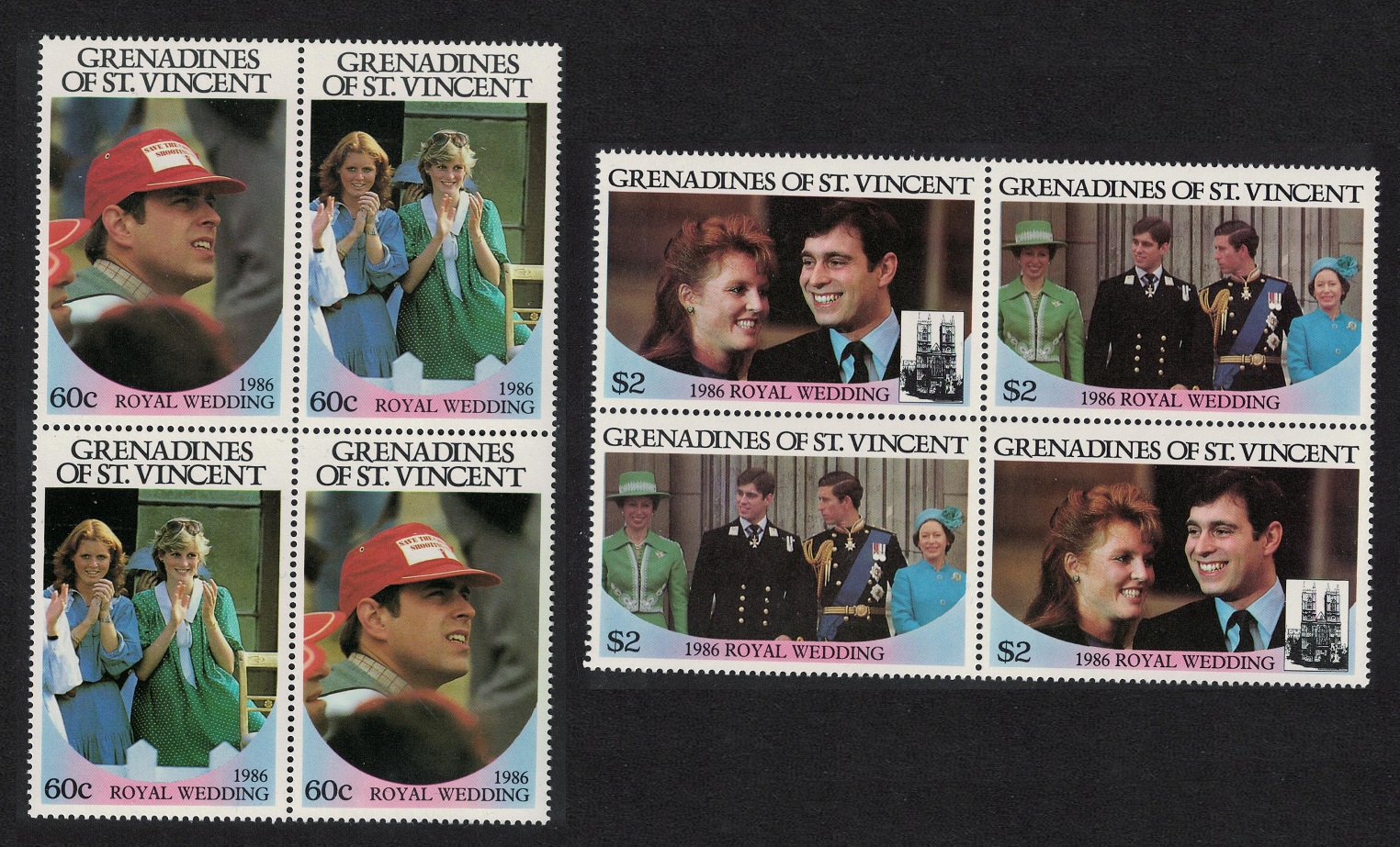 Saint Vincent Grenadines Royal Wedding Prince Andrew 4v Blocks of 4 1986 MNH SG#481-484 Sc#539-540