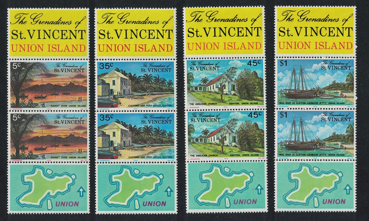 Saint Vincent Grenadines Union Island Mail Schooner Pairs Both Labels 1976 MNH SG#74-77