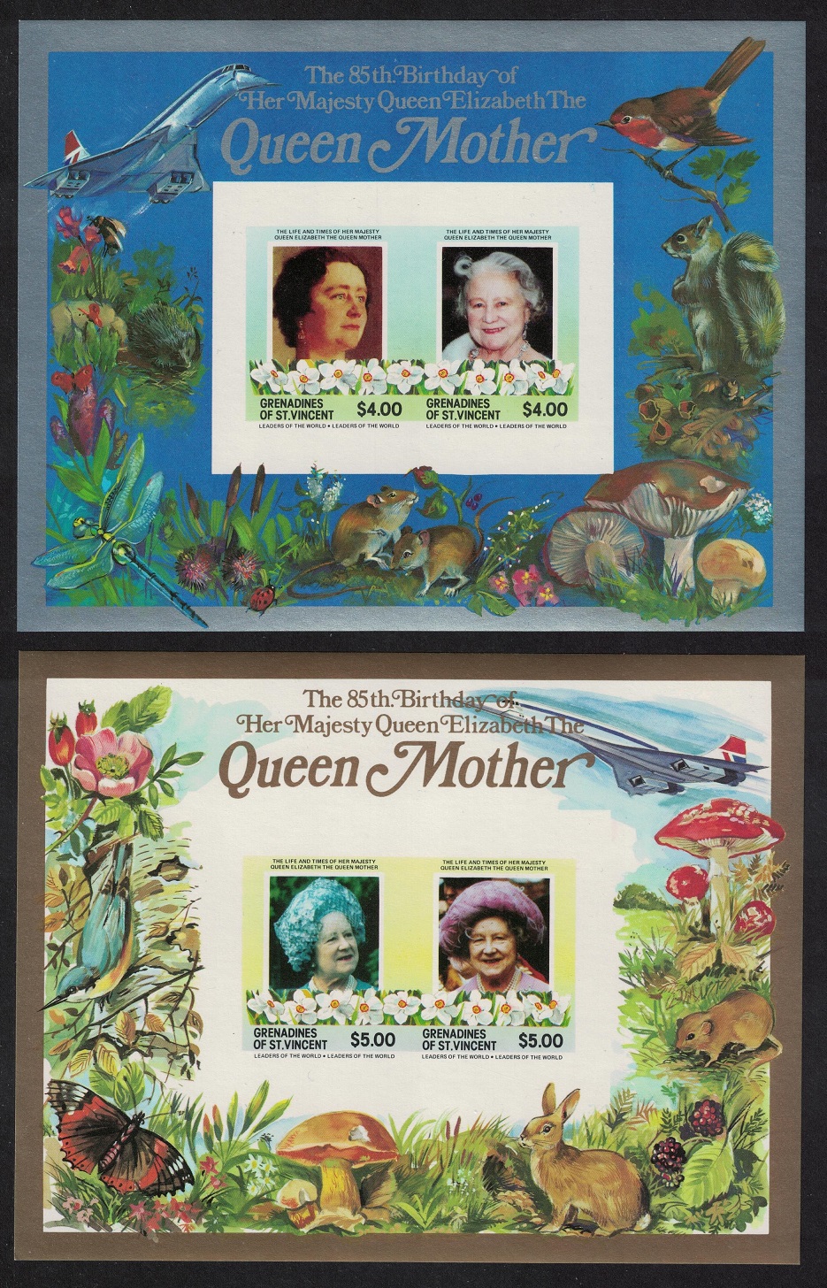 Saint Vincent Grenadines Concorde Birds Queen Mother 2 MSS Imperf 1985 MNH SG#MS411var MI#Block 13-14