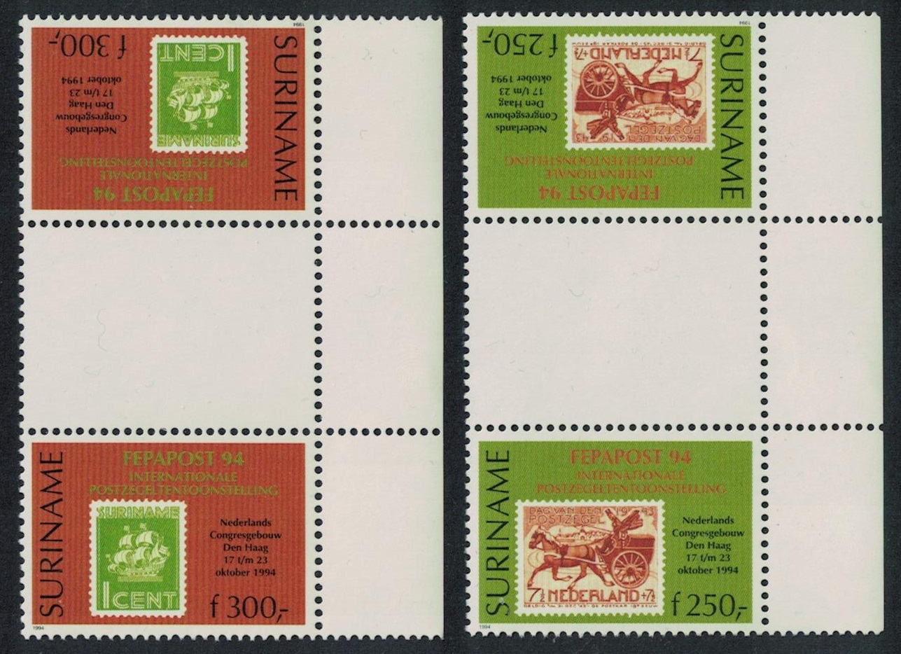 Suriname Stamp Exhibition &#39;Fepapost 94&#39; Tete-Beche Gutter Pairs 1994 MNH SG#1607-1608