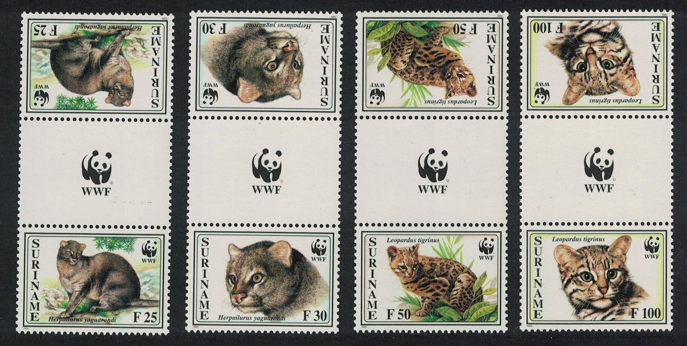 Suriname WWF Spotted Cat Jaguarundi 4v Gutter Pairs RAR 1995 MNH SG#1631-1634 MI#1514-1517 Sc#1010-1013