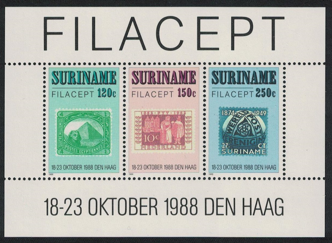 Suriname &#39;Filacept&#39; Stamp Exhibition The Hague MS 1988 MNH SG#MS1388