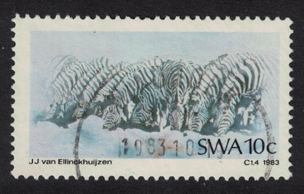 South West Africa Common Zebras drinking Painting by J. van Ellinckhuijzen 1983 Canc SG#415