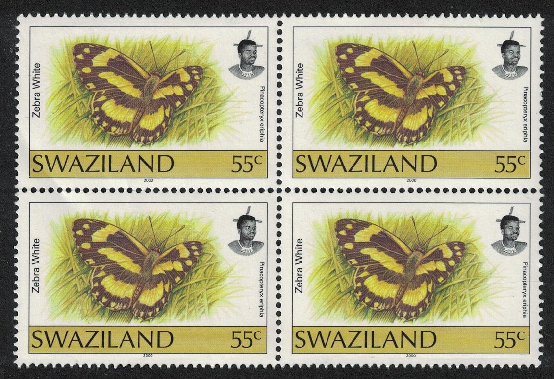 Swaziland Butterfly &#39;Pinacopteryx eriphia&#39; 55c Imprint &#39;2000&#39; RARR Bl of 4 MNH SG#615a