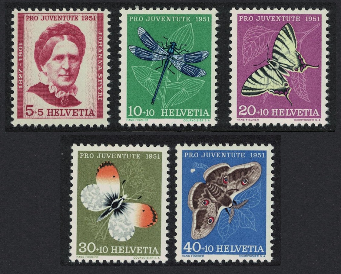 Switzerland Butterflies Moths Dragonfly 5v Pro Juventute 1951 1951 MNH SG#J137-J141 Sc#B207-B211