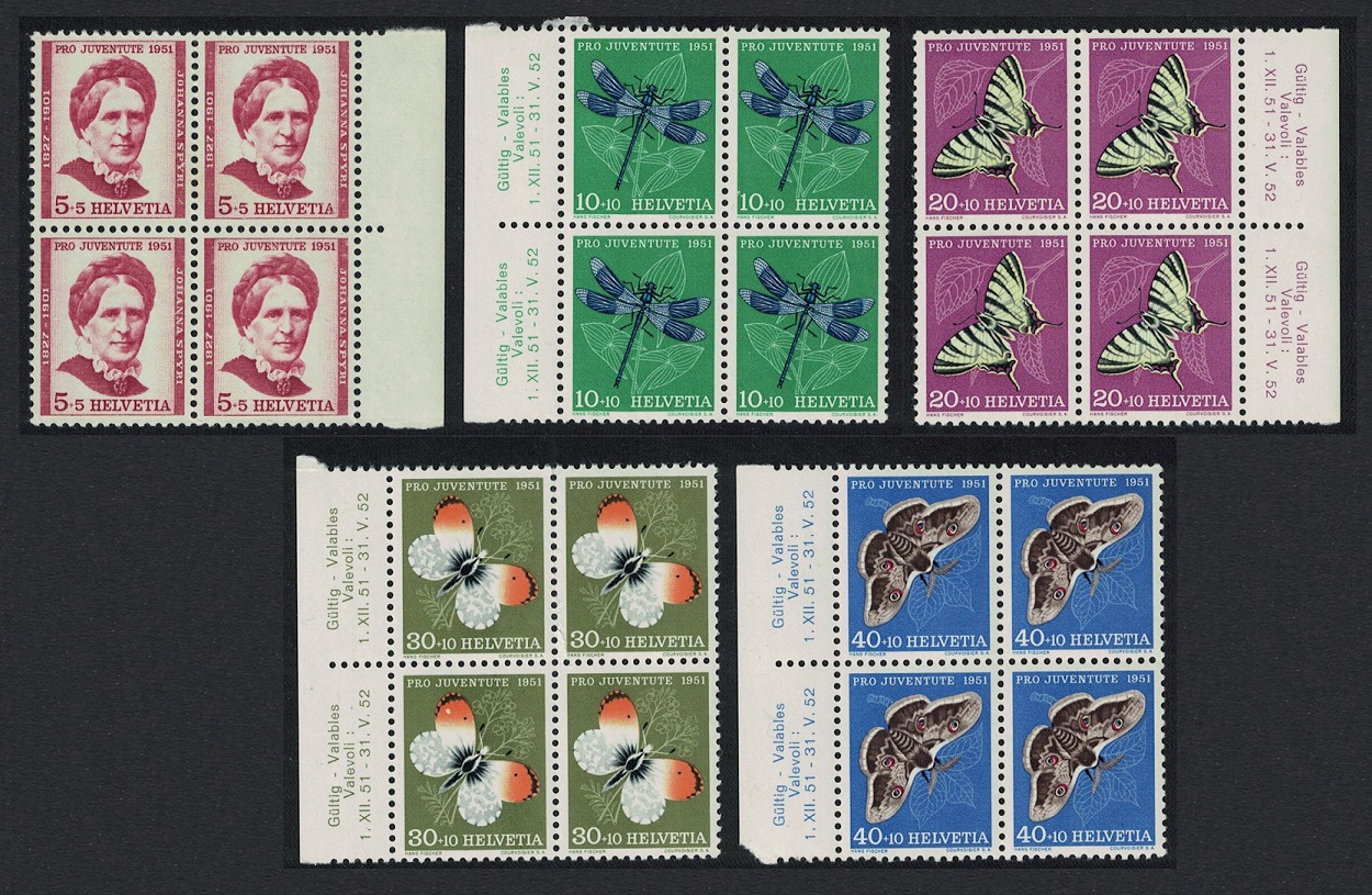 Switzerland Dragonfly Butterflies Moth Johann Spyrl 5v Blocks of 4 1951 MNH SG#J137-J141 Sc#B207-B211