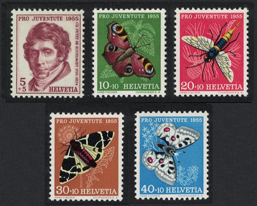 Switzerland Butterflies 5v Moths Wasp Pro Juventute 1955 1955 MNH SG#J157-J161 Sc#B247-B251