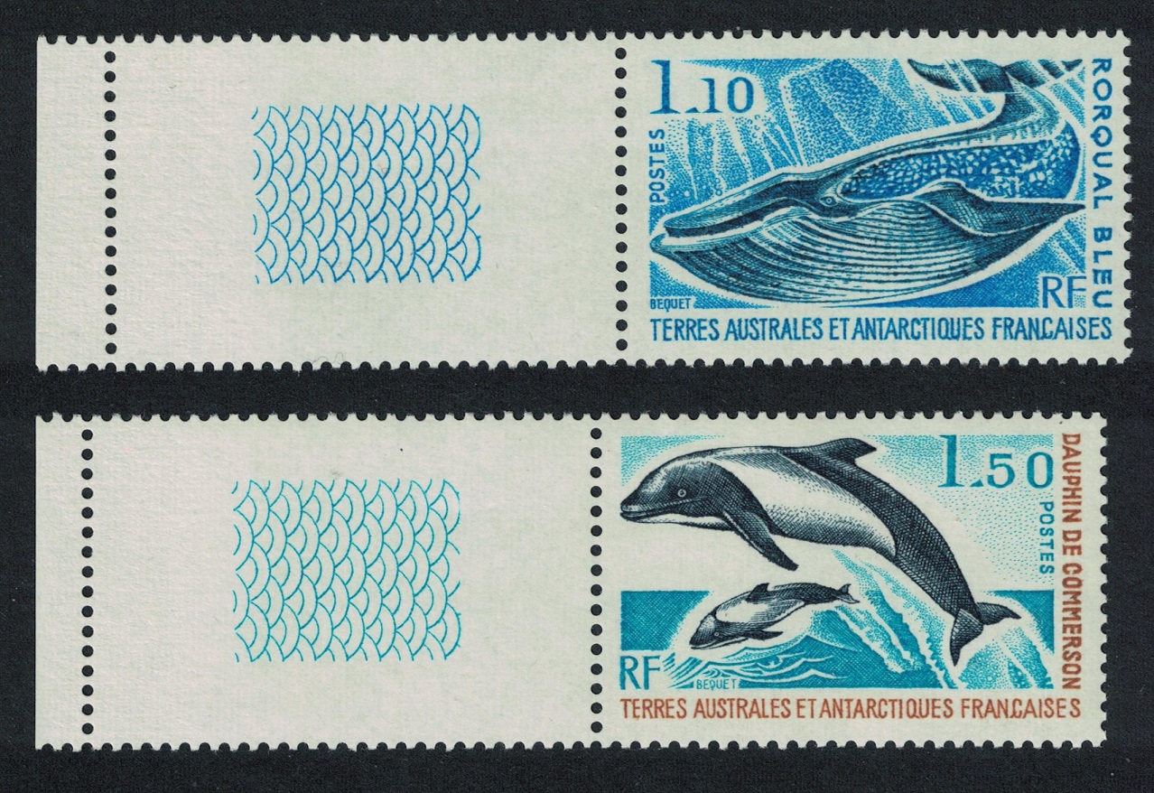 French Southern and Antarctic Territories Whale Dolphins Marine Mammals 2v Coin Labels 1977 MNH SG#113-114 MI#113-114 Sc#67-68