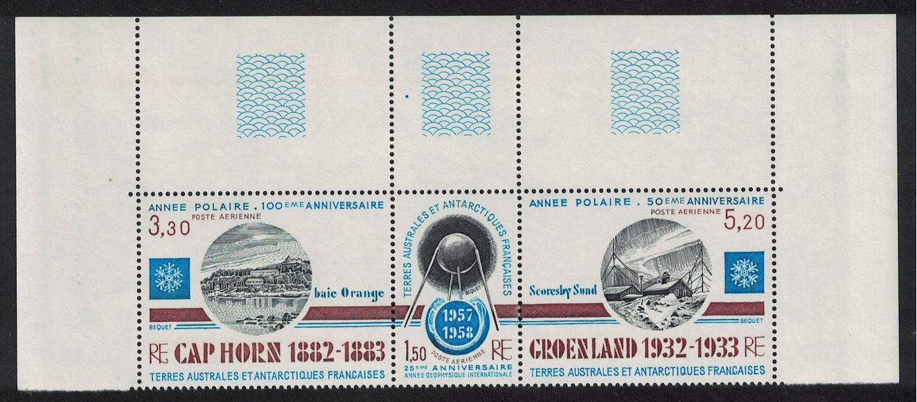 French Southern and Antarctic Territories Space Anniversaries Top strip of 3v with Margins 1983 MNH SG#177-179 MI#177-179