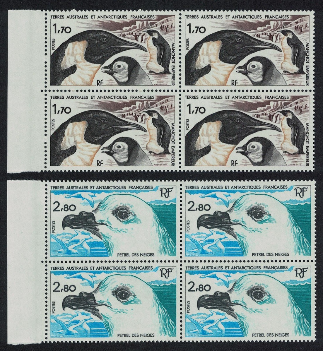 French Southern and Antarctic Territories Emperor penguin Snow petrel Birds 2v Blocks of 4 1985 MNH SG#196-197 MI#196-197