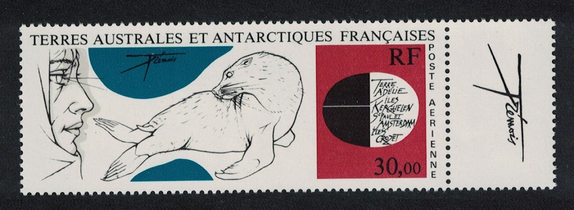 French Southern and Antarctic Territories &#39;Explorer and Fur Seal&#39; by Tremois Painting Signature label 1985 MNH SG#205 MI#205