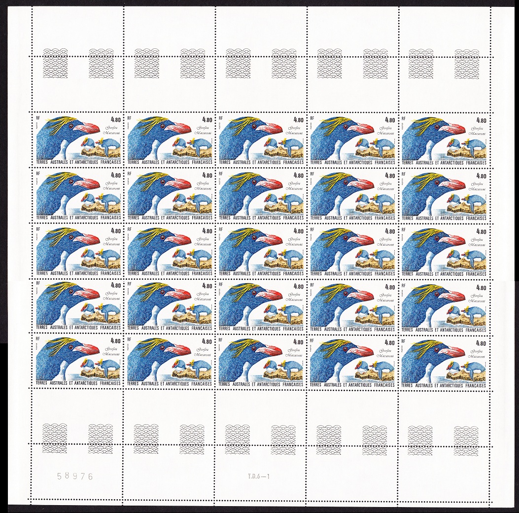 French Southern and Antarctic Territories Birds Macaroni Penguins Full Sheet 1987 MNH SG#226 MI#222 Sc#132