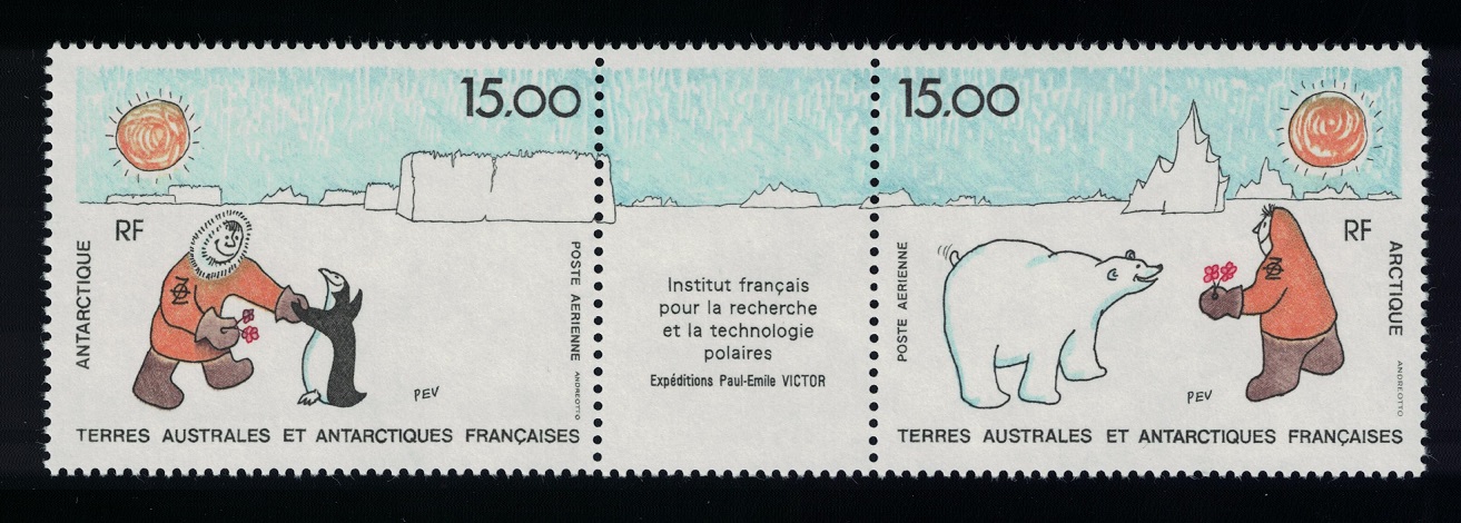 French Southern and Antarctic Territories Penguins Birds Bear Institute for Polar Research Strip of 2v 1991 MNH SG#283-284 MI#283-284