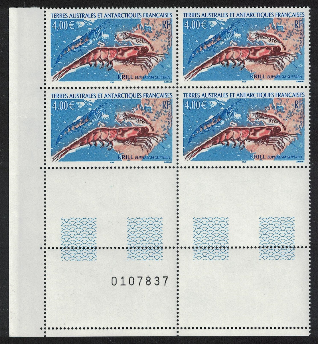 French Southern and Antarctic Territories Krill &#39;Euphausia superba&#39; SW Corner Block of 4 Control Number 2004 MNH SG#526 MI#552