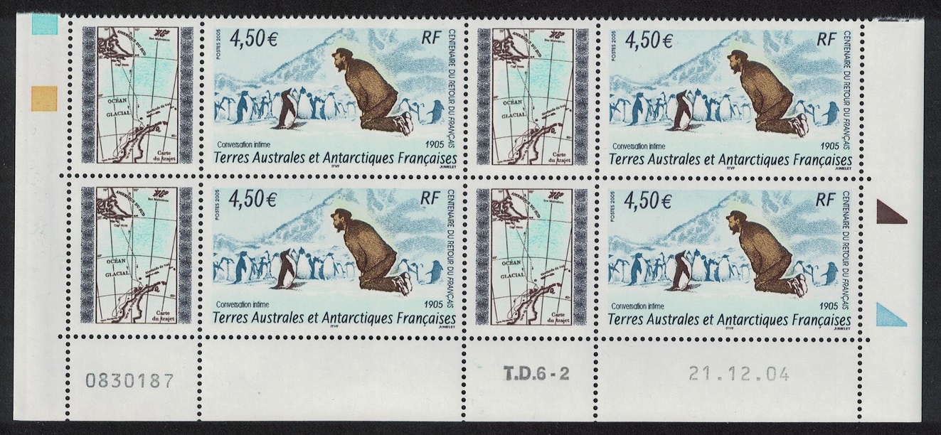 French Southern and Antarctic Territories Birds Penguins Block of 4 Date Control Number 2005 MNH SG#542 MI#568