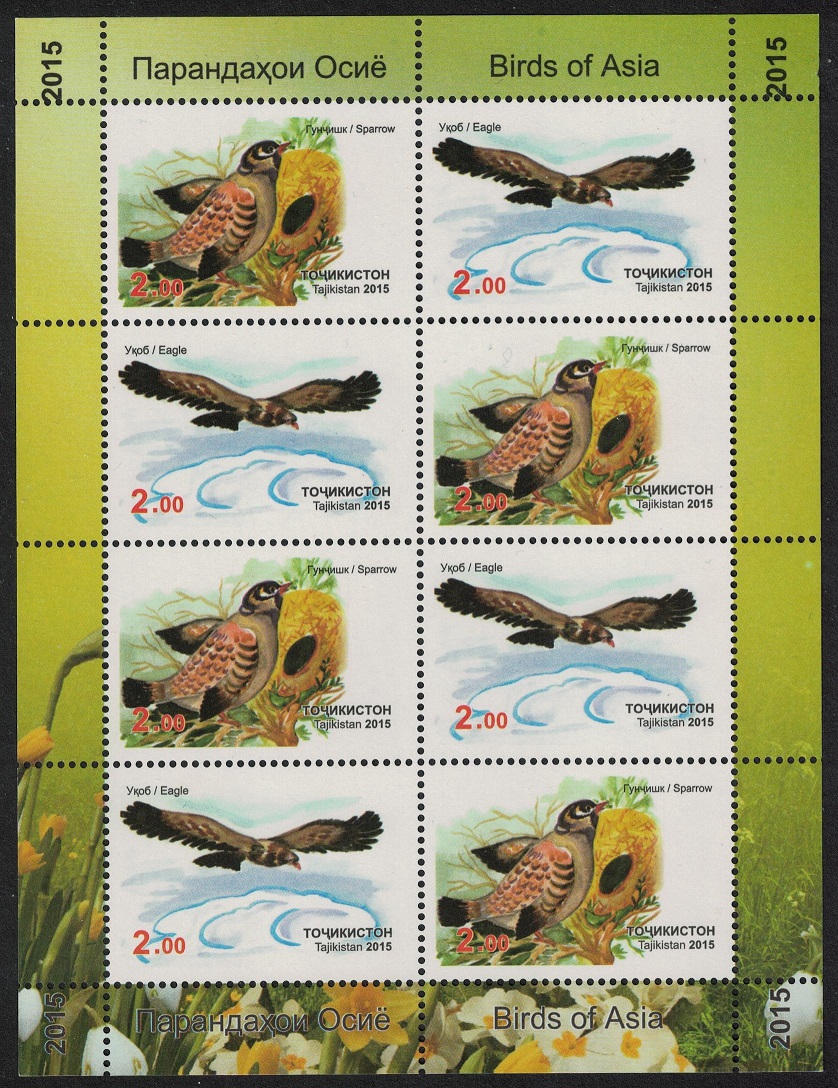 Tajikistan Sparrow Eagle Birds Sheetlet of 4 pairs 2015 MNH SG#533-534