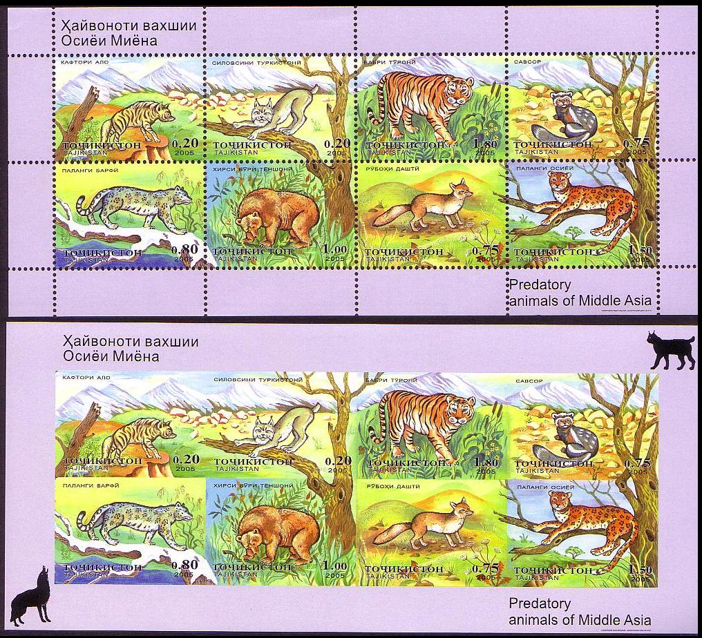 Tajikistan Predatory Animals of Middle Asia 2 Sheetlets Perf Imperf 2005 MNH SG#MS281 MI#384-391 A+B