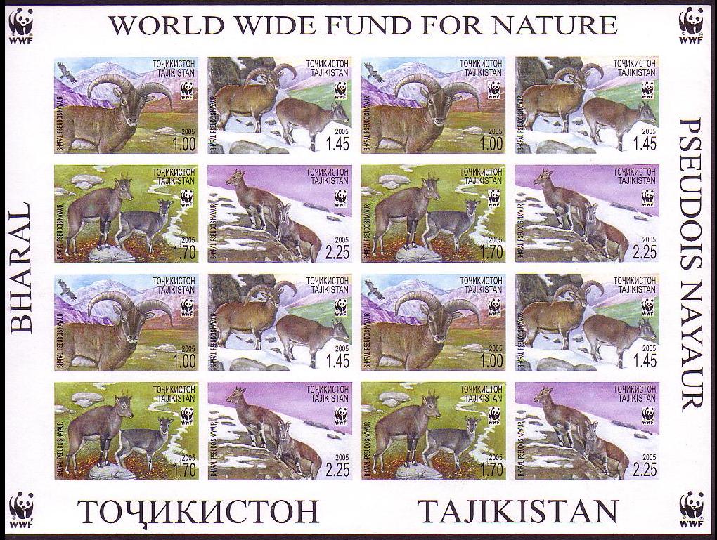 Tajikistan WWF Bharal Imperf Sheetlet of 4 sets 2005 MNH SG#282-285 MI#392-395 Sc#266 a-d