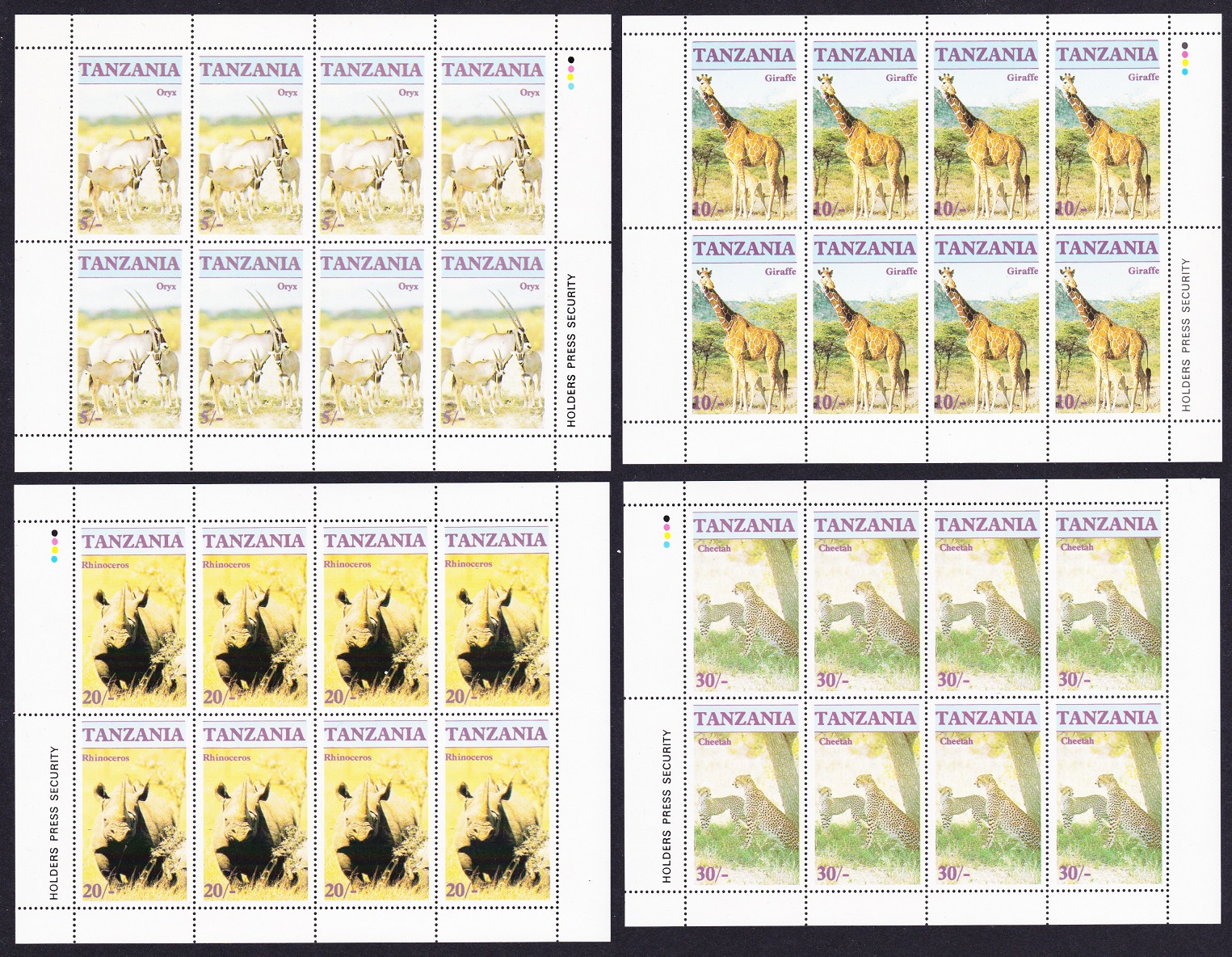 Tanzania Oryx Giraffe Rhinoceros Cheetah 4v Sheetlets of 8 sets 1986 MNH SG#479-482 Sc#319-322