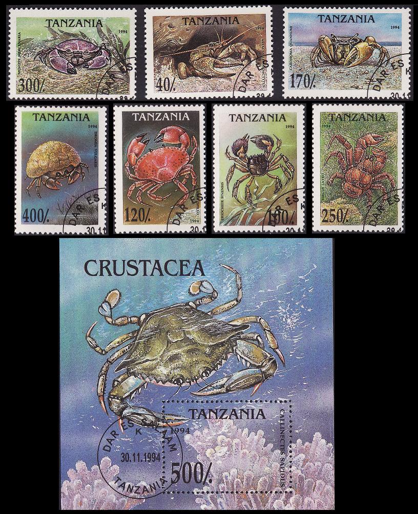 Tanzania Crabs 7v+MS 1994 CTO SG#1984-1990+1981 MI#1923-1929+Block 269 Sc#1295-1302