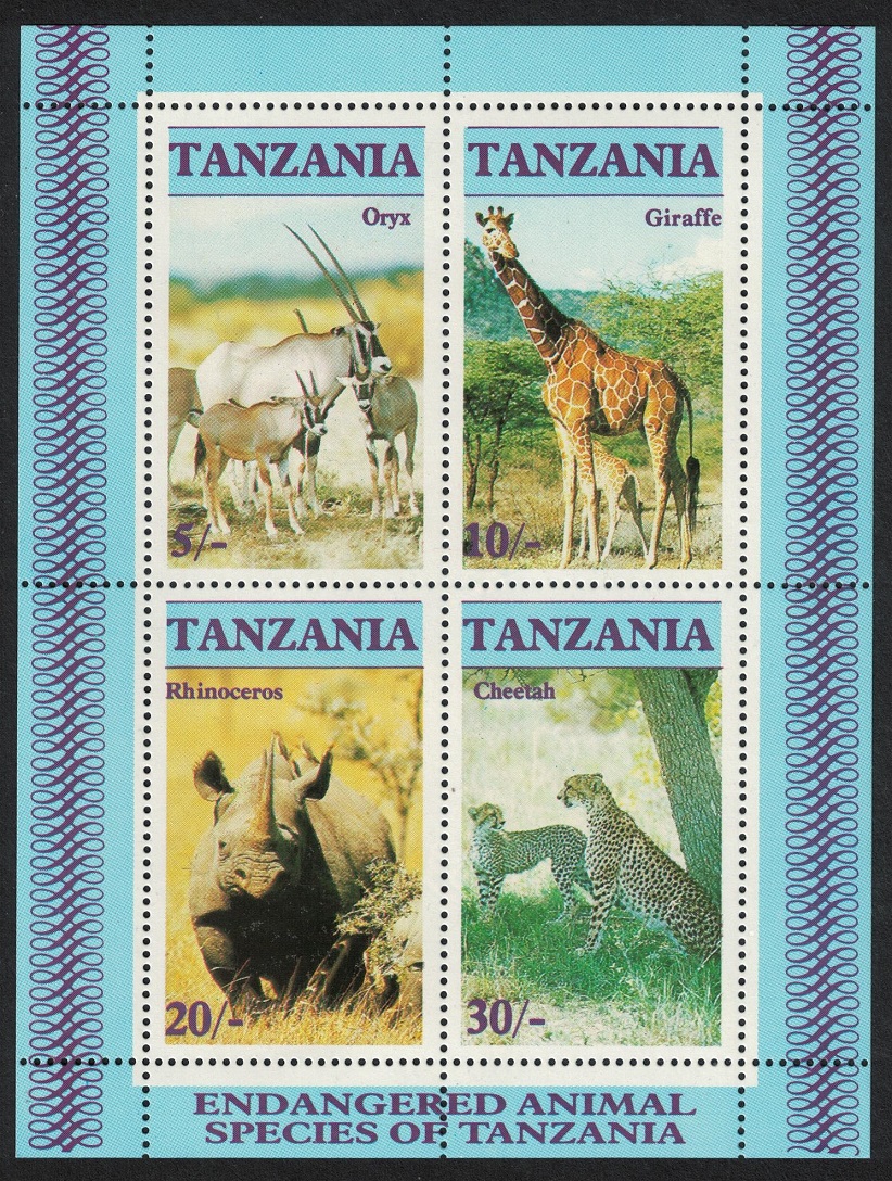 Tanzania Oryx Giraffe Rhinoceros Cheetah MS 1986 MNH SG#MS483 Sc#318a